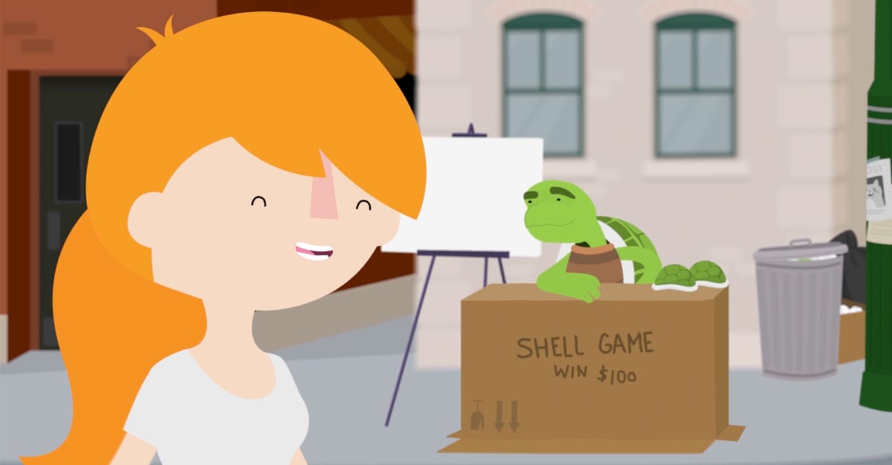 Cartoon of a girl smiling at a turtle sitting behind a box labeled, "Shell Game: Win $100," on a city sidewalk.