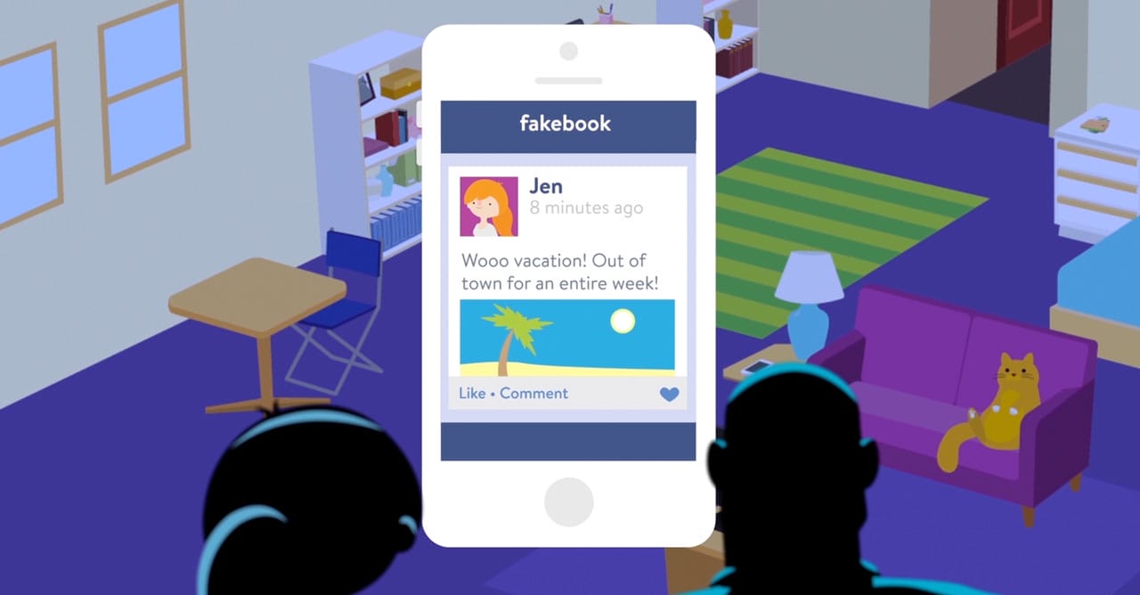 Cartoon of a girl and a man facing a smartphone showing a Fakebook profile on the screen.
